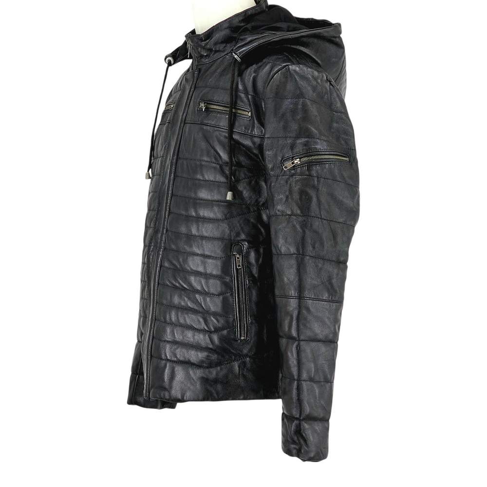 Techno Moto Smart Range Leather Puffer Jacket Men’s L/XL Black Hooded Quilted... - Picture 2 of 11